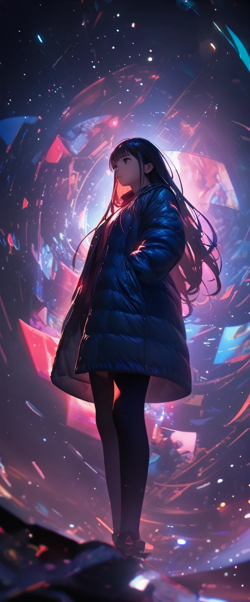 8k,wallpaper of extremely detailed CG unit, masterpiece,hight resolution,top-quality,top-quality real texture skin,hyper realisitic,increase the resolution,RAW photos,best qualtiy,highly detailed,the wallpaper,cinematic lighting,ray trace,golden ratio, BREAK ,many stars twinkling in a beautiful bright winter night sky, long exposure starry sky with many circular orbits, silhouette of a cute young woman with long hair with her hands in her coat pockets looking up at it, photo taken from long distance, photo from below, beautiful kaleidoscope multiple exposures overlapping