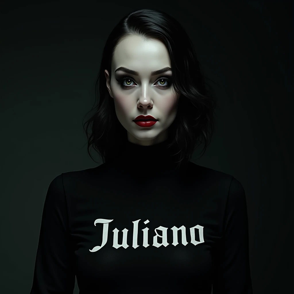 Gothic woman face, shirt with the word JULIANO written on it