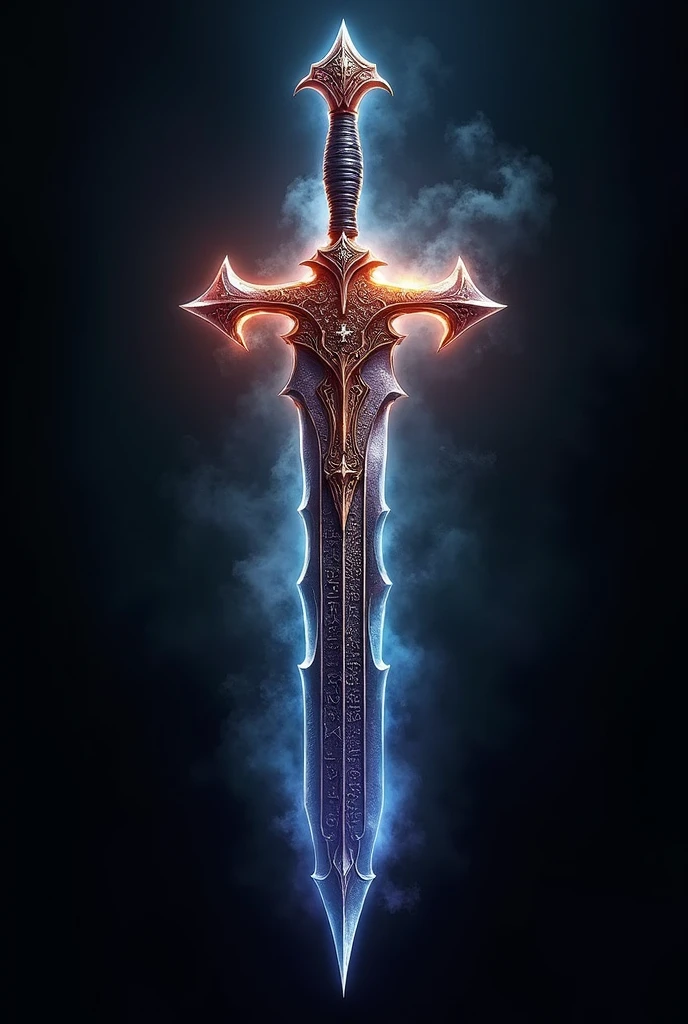 Create a logo inspired by the Mu Online MMORPG with a transparent background. The logo should feature a dynamic, medieval-fantasy design, incorporating elements like a gleaming sword, mystical runes, and an aura of dark magic. Use sharp, metallic textures with glowing edges to represent power and mystery. The title 'Mu Online' should be prominently displayed in a bold, Gothic font, with all elements clearly visible against any backdrop