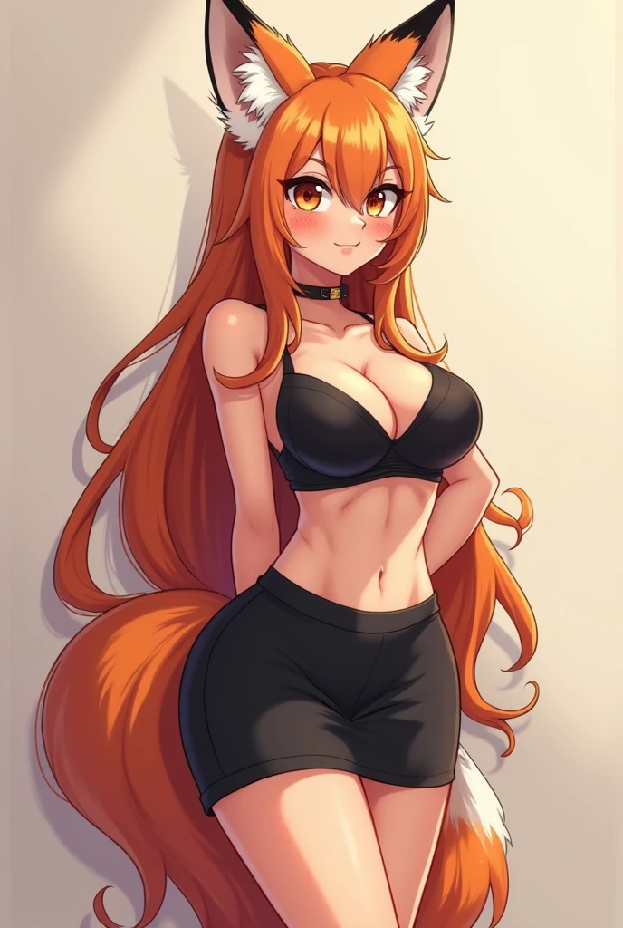 Create an image of a completely slutty anthropomorphic fox, the same size as an 18-year-old human, long hair, black miniskirt like a 2D anime With big breasts