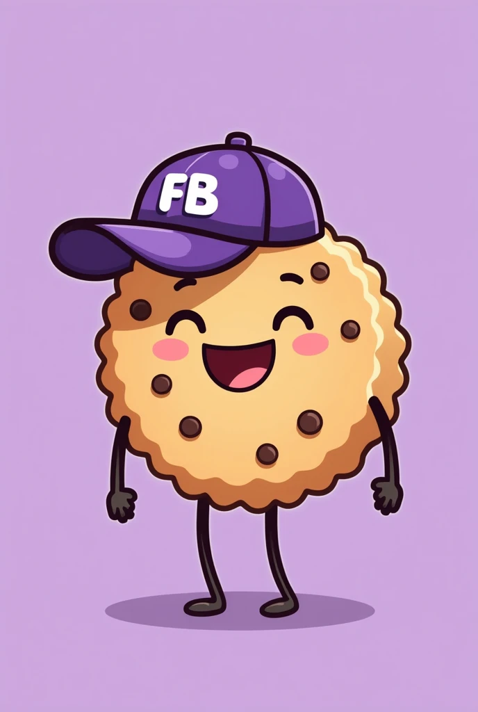 cookie with legs illustration type that is happy, that has chocolate chips and has a purple cap that says FB in capital letters and the background is plain purple