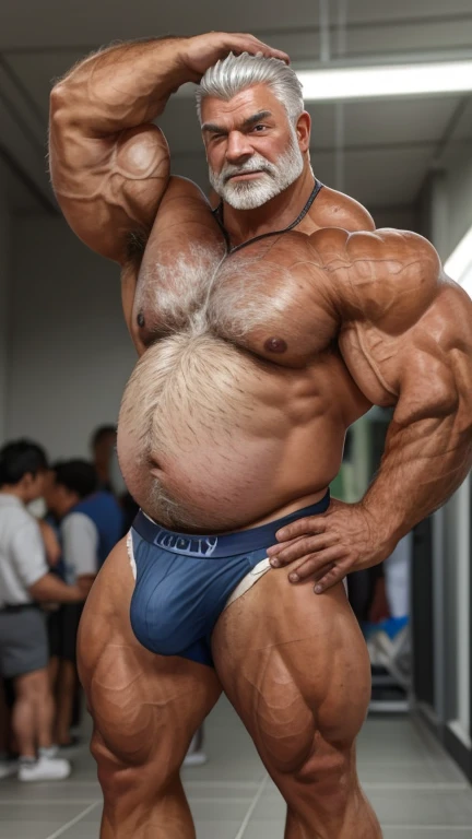 An older Japanese male bodybuilder with his upper body naked。Big muscles。Big Belly。thick limbs。
A standing posture that shows the whole body。
極端に短いGray-hairedの顎髭。
極端に短いGray-hairedの髪。
Japanese male bodybuilder wears only white jockstrap。大きなbulge。
The crotch of the white jockstrap is very round and large.。
Sunburned skin。Hairy skin。
男性はThe whole body is hairy。Full body covered in hair。Gray-hairedの胸毛。Gray-hairedの腹毛。Gray-hairedの下腹部の毛。Armpit hair。Arm hair。Leg hair。Thigh hair。shin hair。
A symmetrical Japanese face。Japanese small face。Japanese round face。The gentle face of the Japanese。Gentle face of Japan man。The gentle expression of a Japanese person。single eyelid。Kind eyes。Small eyes。Round Nose。Big Nose。Small Mouth。Small lips。
Statue。Low - Angle。Full body portrait。Gray-haired。The whole body is hairy。jockstrap。bulge。
Maximum number of pixels。Highest quality。ピントがきちんと合ったHighest qualityの写真画質。Photorealistic。
