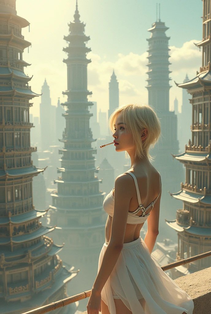 ((Highest quality)), ((masterpiece)), (detailed), One girl, Focus on the central building、It is surrounded by five separate buildings of different styles.。Paper carving included、Great view、There is soft lighting。There are oriental elements、Dreamy atmosphere。Cyberpunk city。　Psychedelic cityscape。The overall theme is white and gold.、Traditional Chinese color scheme。The design is rational、Clear lines and high definition。Highest qualityで非常にdetailedに描かれたmasterpieceで、Official art-like finish。Cinematic lighting effects、It is displayed in 4K resolution.。 A beautiful young Japanese woman looking out over the cityscape from the rooftop of a high-rise building。The wind is blowing hard on the roof。Blonde with short hair。　Wearing a futuristic cyber miniskirt outfit。Smoking a cigarette　Smoke from a cigarette flows　Holding a cigarette between the fingers　片手でSmoking a cigarette　Looking at the streetscape from the rooftop of a building, a man with a serious expression on his face is thinking of all sorts of things.