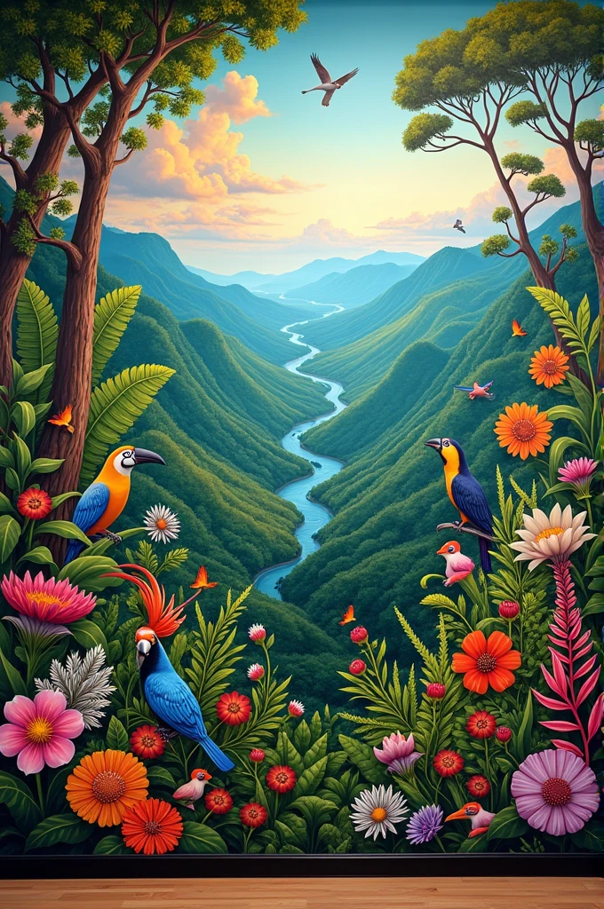 Mural of indigenous medicinal plants and bird diversity in Colombia