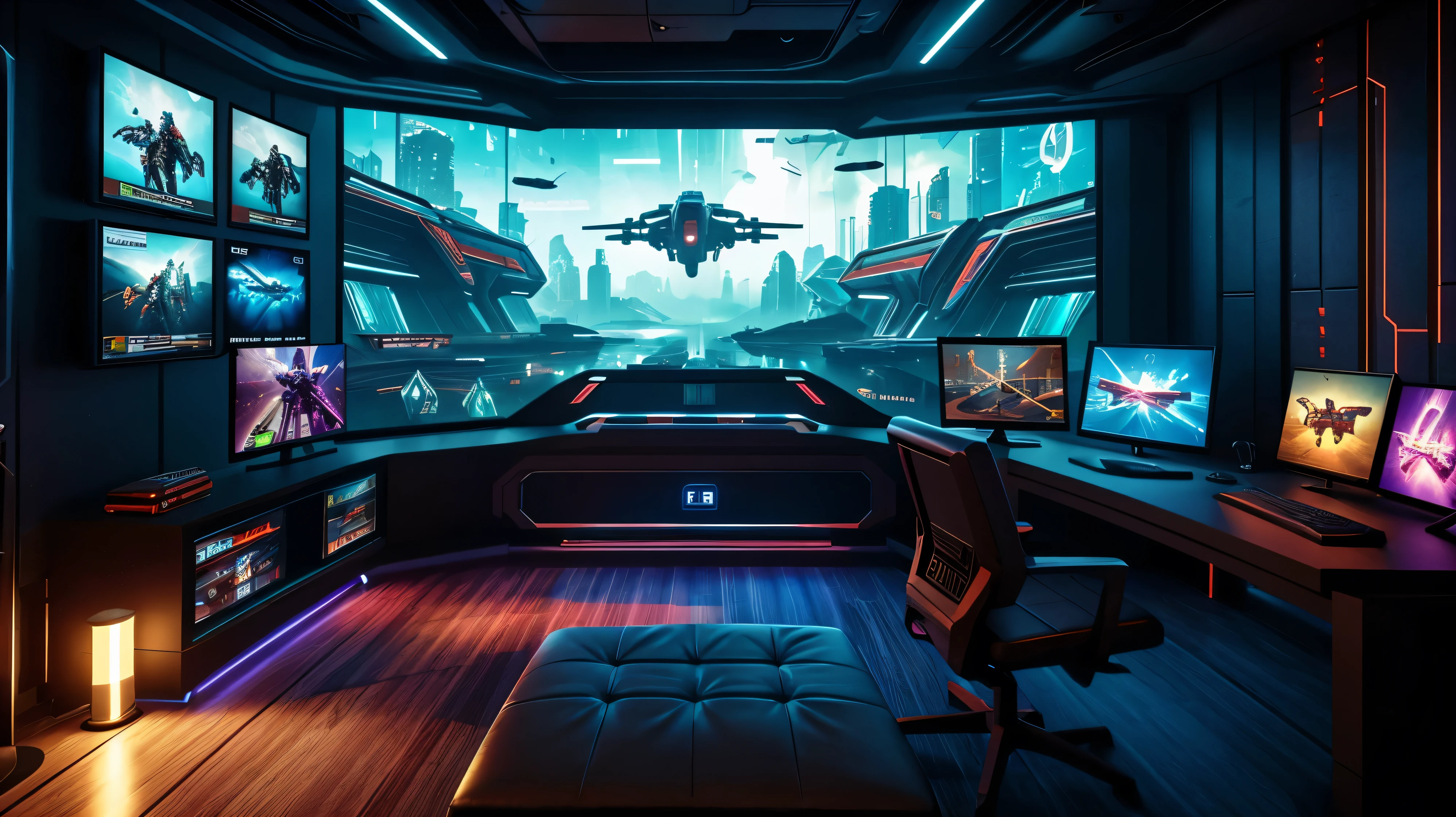 scifi, cyberpunk, futuristic, pc gaming room, hightech, daylight, cozy, much space, wide angle, a lot of tech, ambient light, year 2124, cinematic
