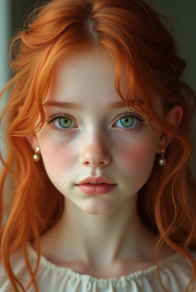 Girl, bambi eyes girl, green eyes, inocent face, cute face, long hair, beautiful, realistic girl, symmetrical face, photorealistic, red-haired girl, cute girl, 15 years, kawaii rusian, realistic