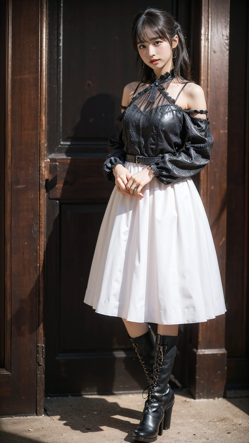 (8k、RAW Photos、Highest quality、masterpiece:1.2)、(Realistic、Realistic)、1 person、((View from the front、Looking into the camera、black、dress、boots、ee-through、Are standing、Dim lighting、Watery eye))、cute