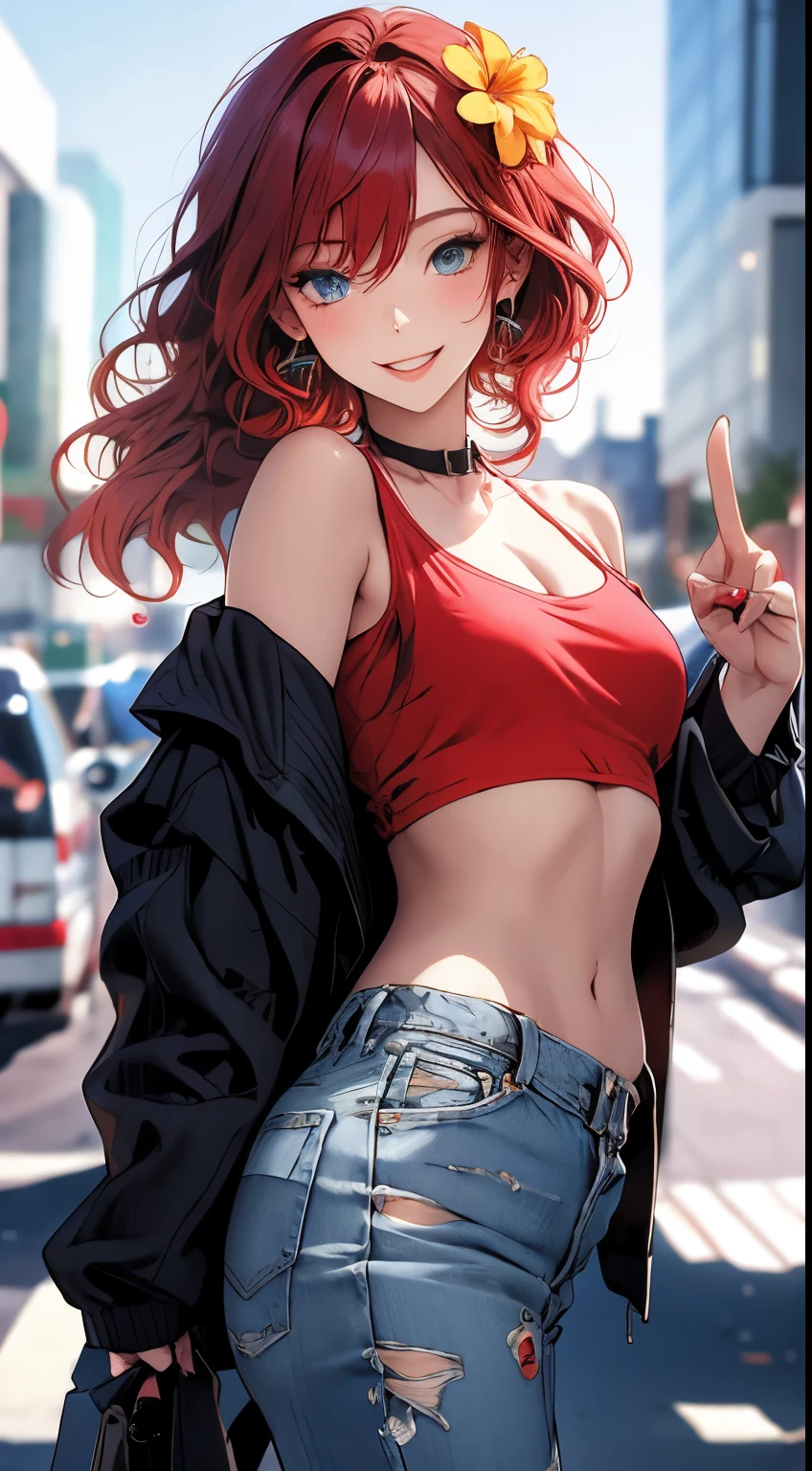 ​masterpiece, highest quality, pixiv, cooles Girl, topless, Lips in love, Red hair, curly Red hair, blunt bangs, straight bangs, pony tail, Blue eyes, tanned skin, Girl, improve,Look at the Beholder, smile, sexly, seductive, slutty, ass pov,from above, solo, hair flower, 