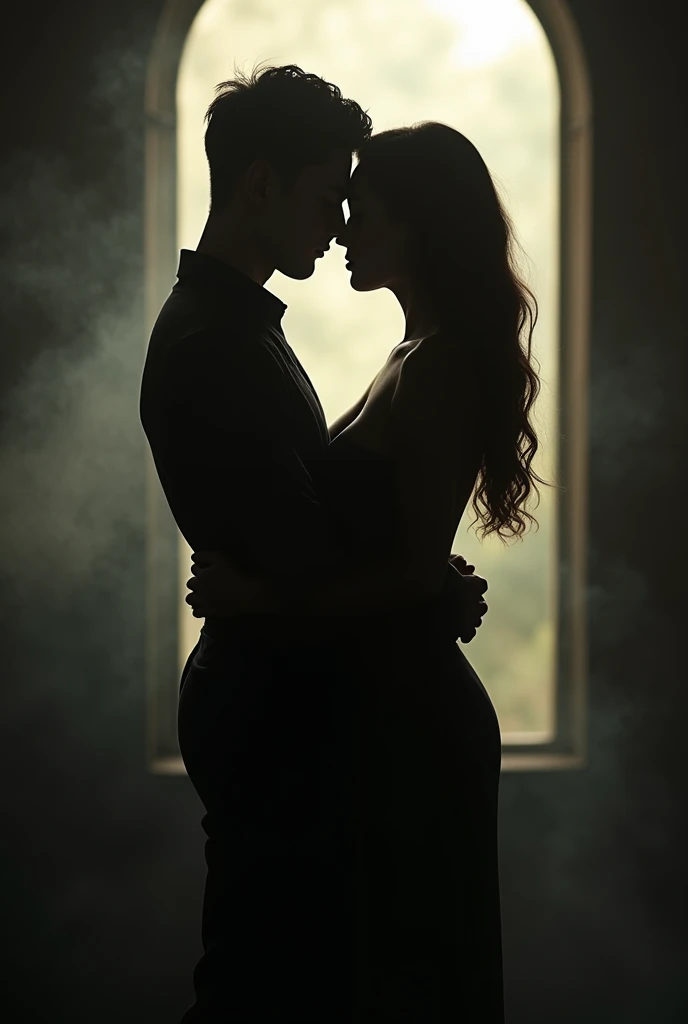 A seductive silhouette of a couple in an intimate moment, with a mysterious and engaging background.