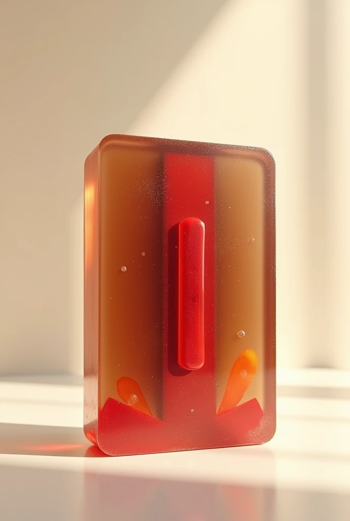 transparent soap, strip in the middle, brown with red details
