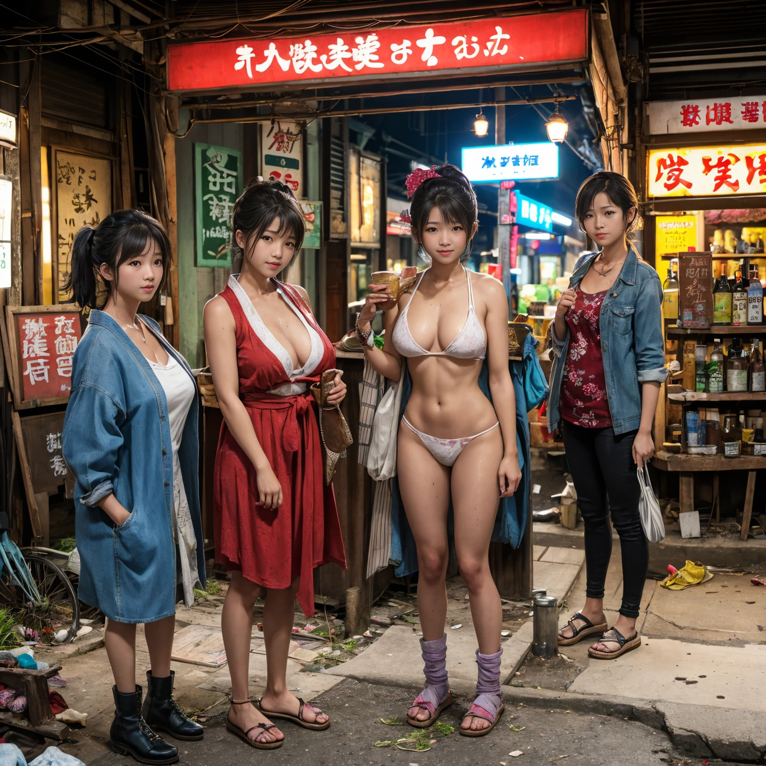 ((masterpiece、Highest quality))、Beautiful girls gather.、Three girls in summer clothes、(Showa Retro:1.2)、(Detailed and cute face:1.3)、(Poor conditions、Japan's poor neighborhoods、Dim and unsanitary、Standing Bar、みんなで楽しくdiet、Crumbling underground shopping mall)、屋台のdiet店、stage、sewage、Dirty shop、street vendors、Unsanitary and abandoned city、smile、diet、Poor person々