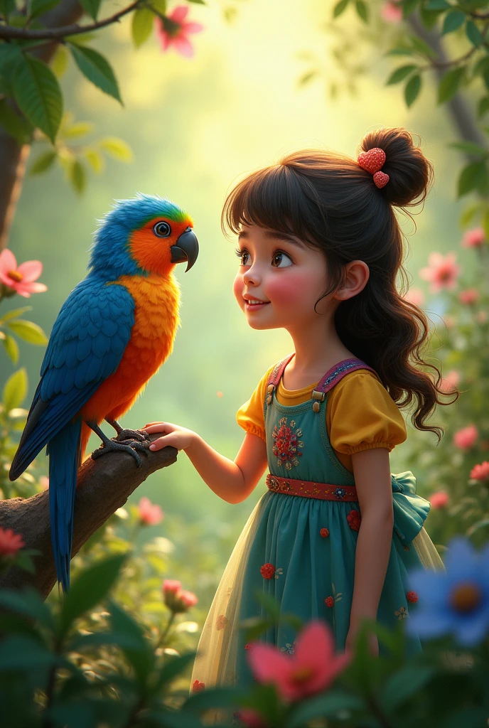 Colorful bird next to a girl