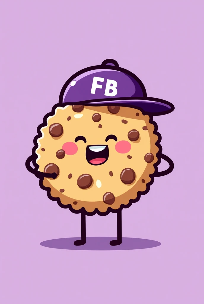 cookie with legs illustration type that is happy, that has chocolate chips and has a purple cap that says FB in capital letters and the background is plain purple
