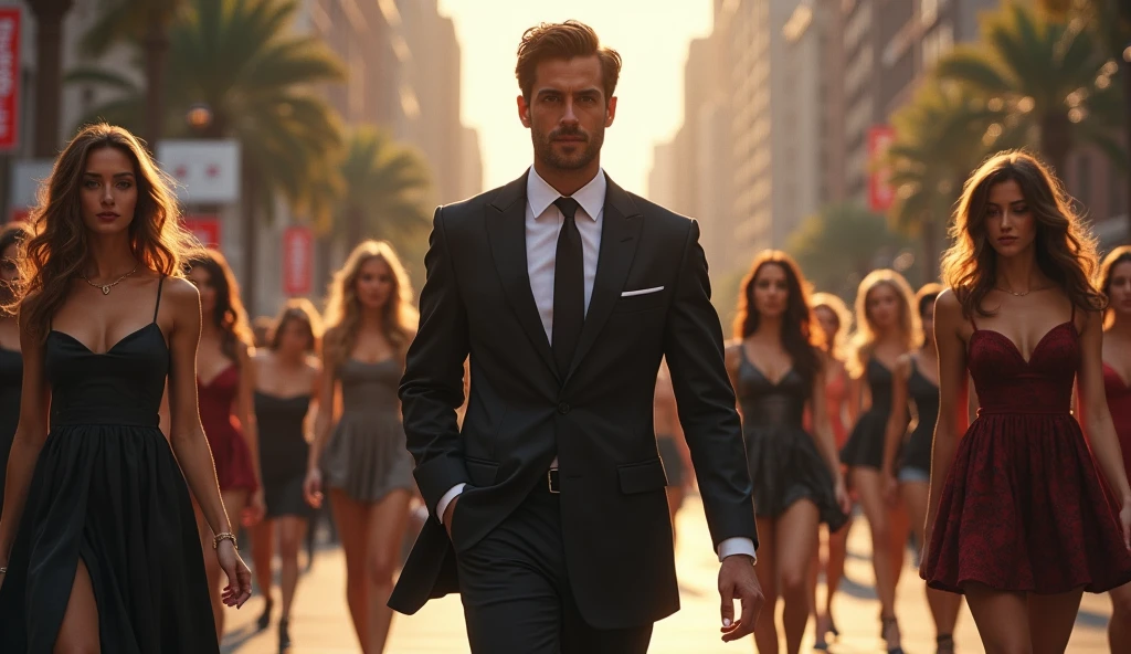 Man walking down the street and several women in love with him on the side  