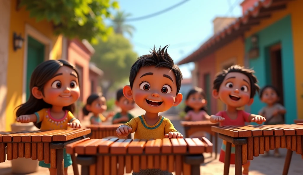 3d pixar animation illustration of a group of salvadoran ren playing several marimbas