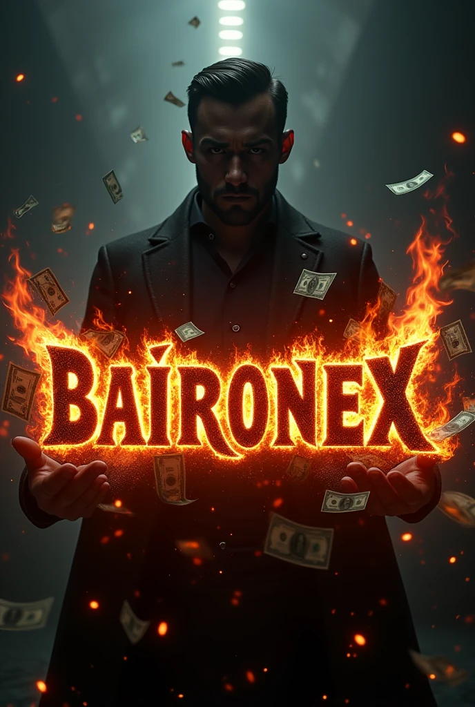 I want a BaironeX title with flames and money And a male silhouette as a background shadow