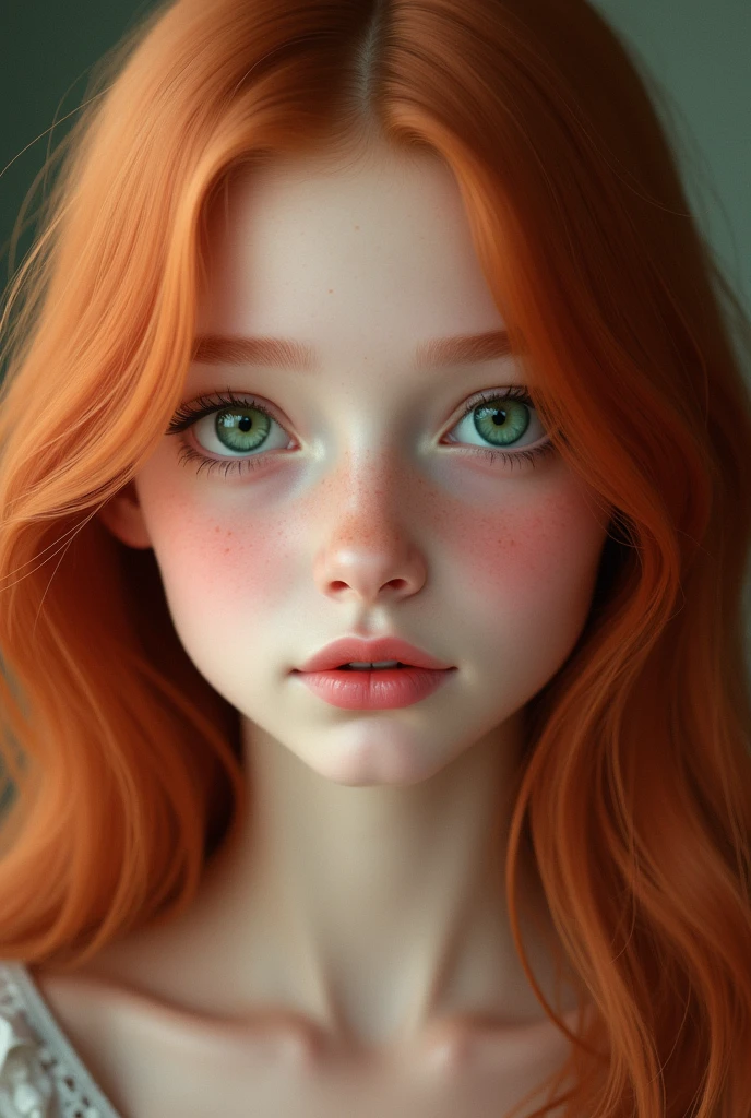 Girl, bambi eyes girl, green eyes, inocent face, cute face, long hair, beautiful, realistic girl, symmetrical face, photorealistic, red-haired girl, cute girl, 17 years, kawaii rusian, realistic