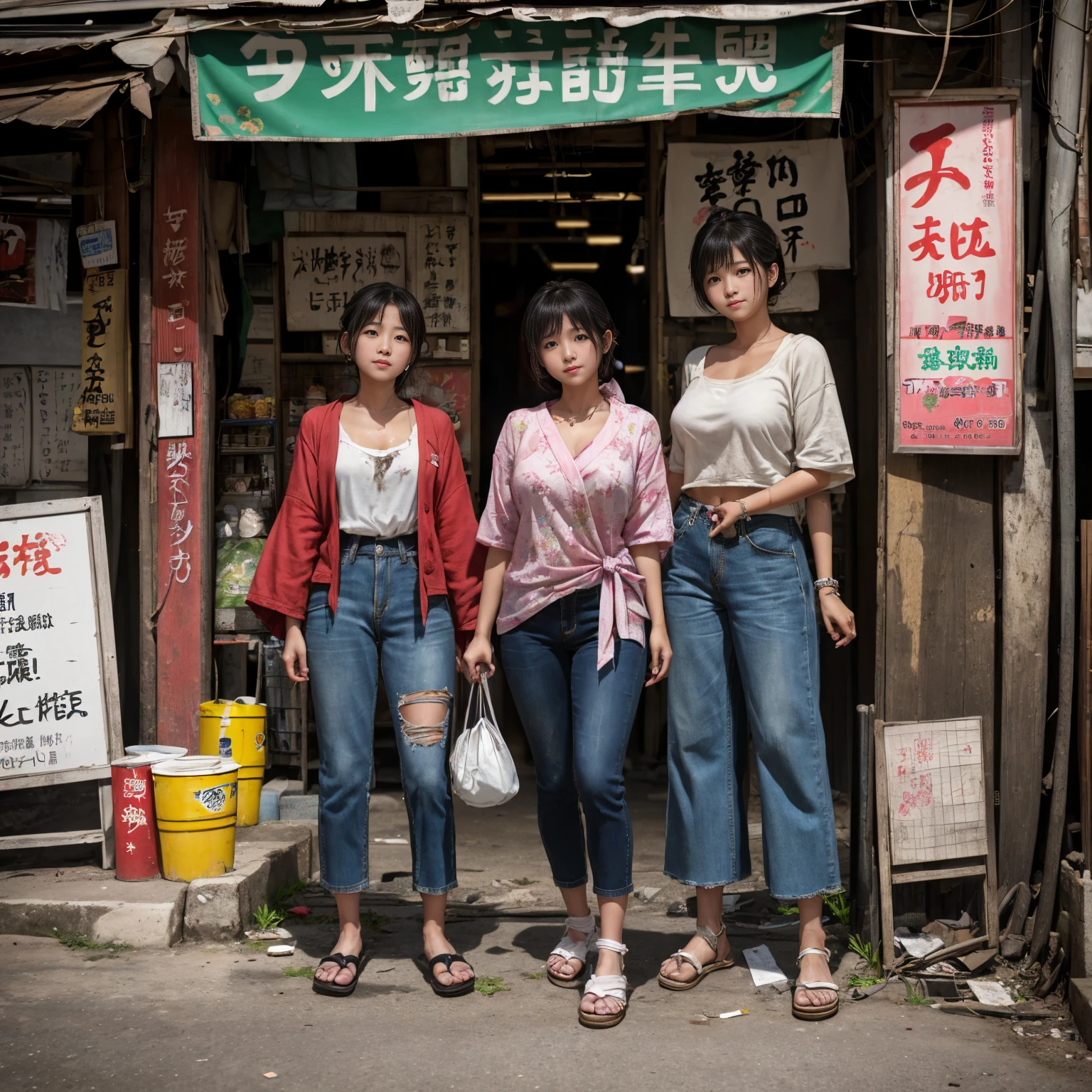 ((masterpiece、Highest quality))、Beautiful girls gather.、Three girls in summer clothes、(Showa Retro:1.2)、(Detailed and cute face:1.3)、(Poor conditions、Japan's poor neighborhoods、Dim and unsanitary、Standing Bar、みんなで楽しくdiet、Crumbling underground shopping mall)、屋台のdiet店、stage、sewage、Dirty shop、street vendors、Unsanitary and abandoned city、smile、diet、Poor person々