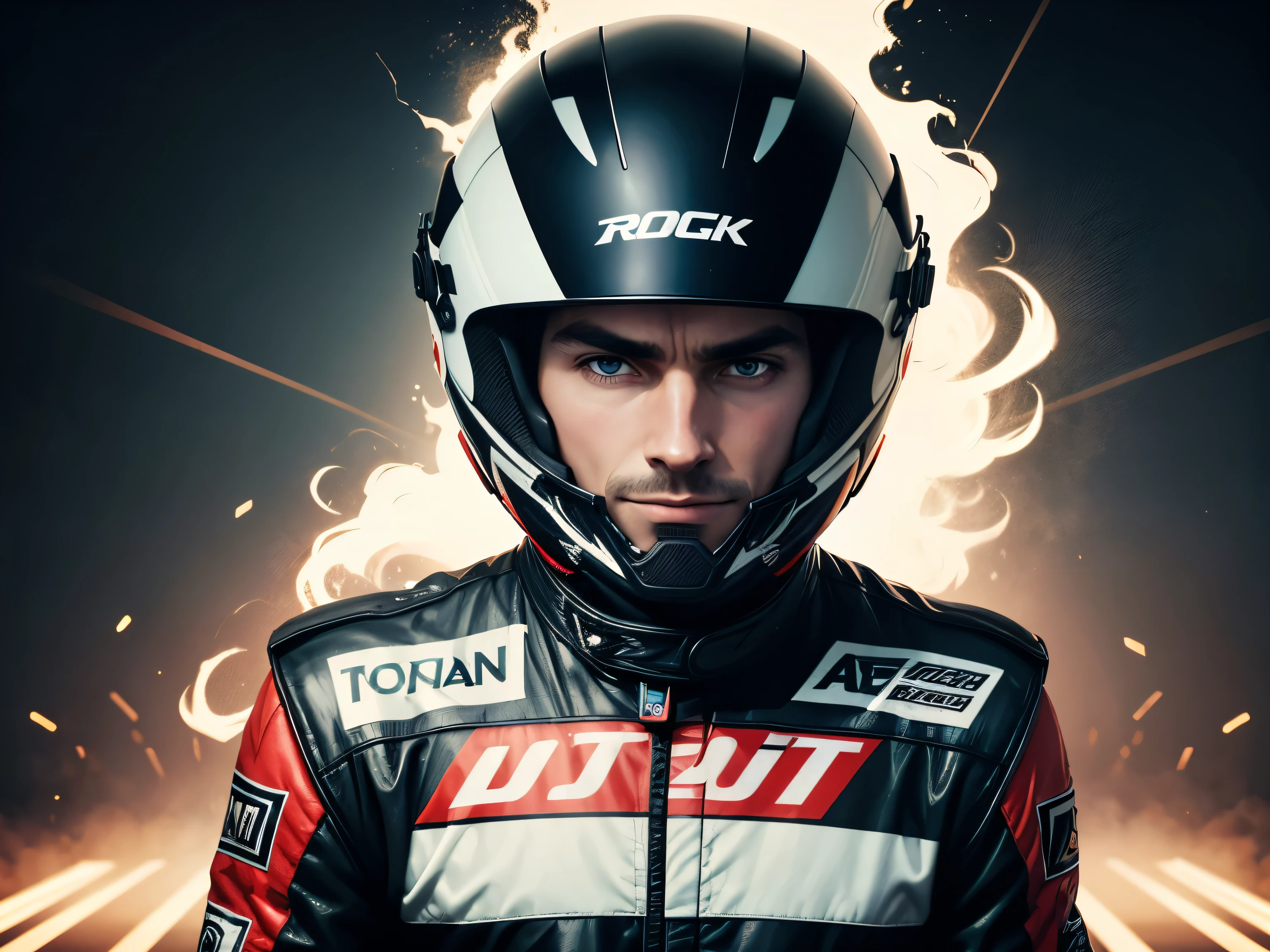 man wearing a racing helmet, black backdrop, racing driver, looking straight ahead, poster layer