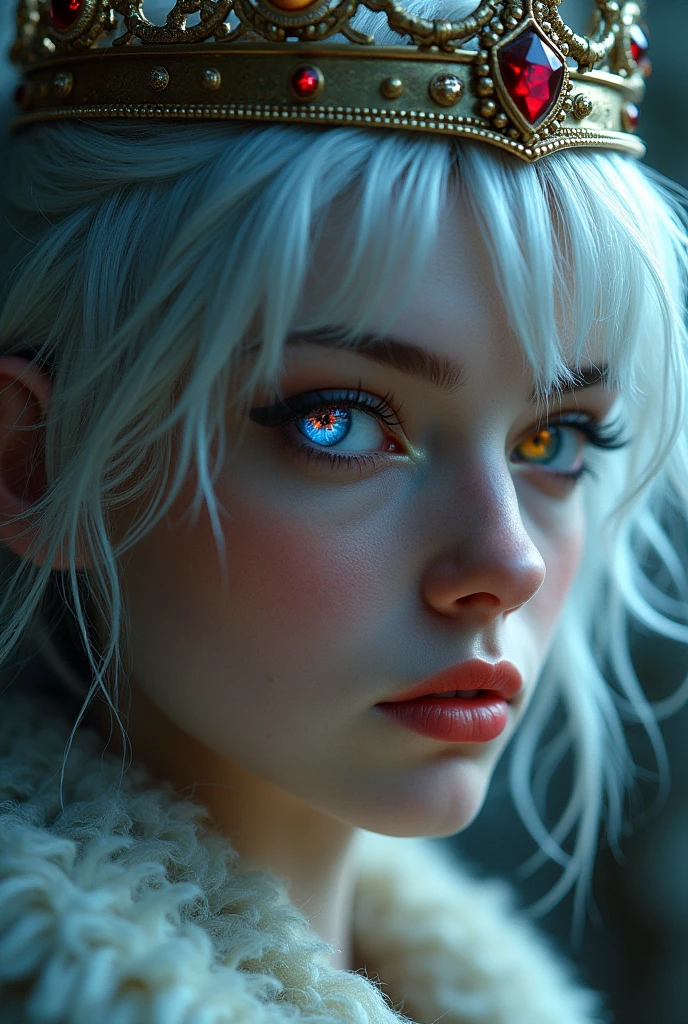 (Close-up of a better masterpiece: 1.5) 0.9], (medieval armor: 1.2) (Disheveled silver hair: 1.1) (Xanthochromia heterochromia and blue eyes: 1.2) (queen&#39;s crown: 1.0) (colorful stars in the eyes: 1.0) (A radiant glow: 1.1) (thick lips: 0.9)