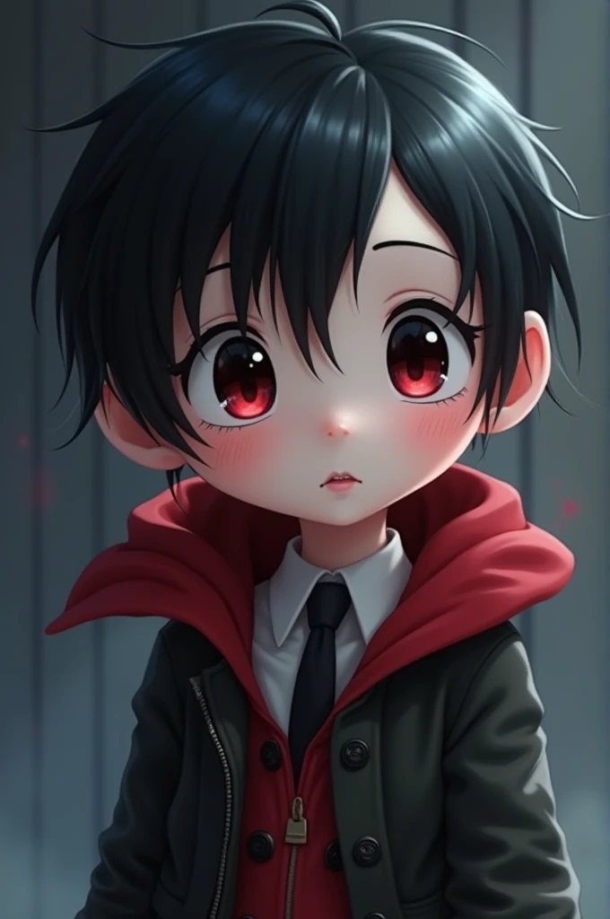 I want an Imagine of a couple of babies with adorable pale skinned features like little vampires in anime style can include big expressive and shiny eyes and fluffy black hair in the 2D male gender