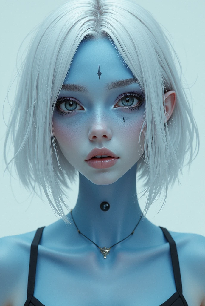 A 17 year old girl, His skin is blue with a little black. Her shoulder-length white hair, He has slanted black eyes. It is medium sized and thin.. beautiful.