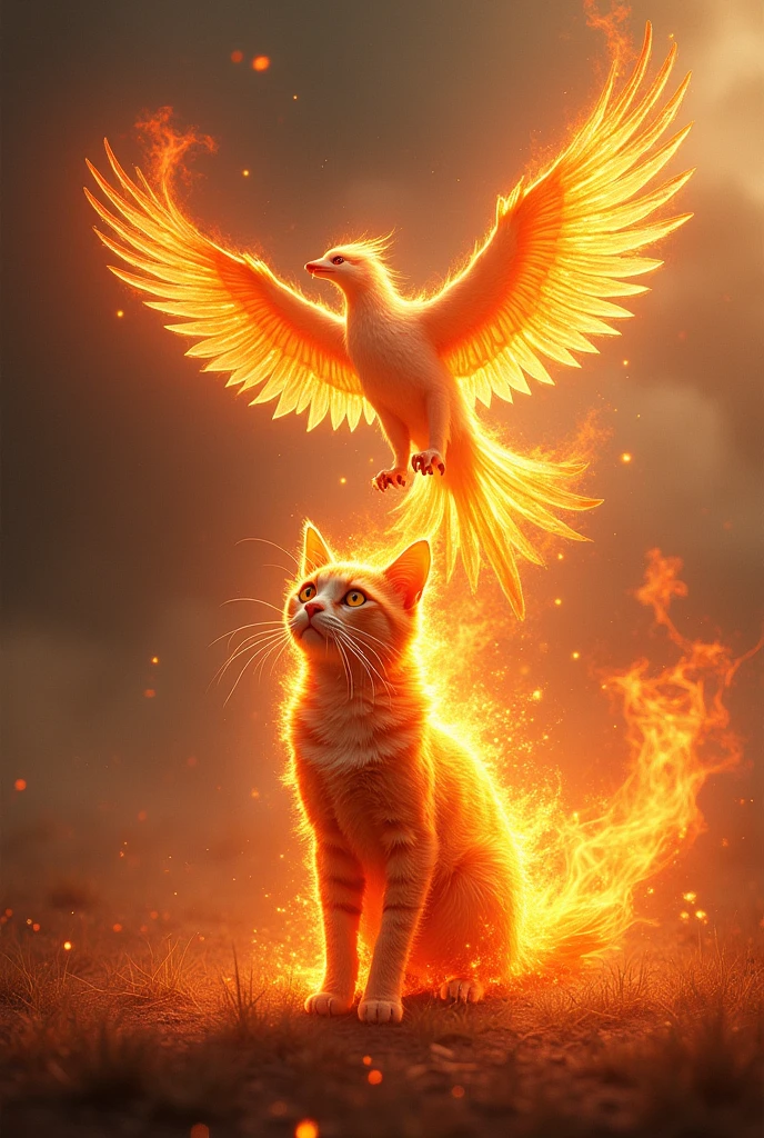 Cat on fire with a phoenix flying above