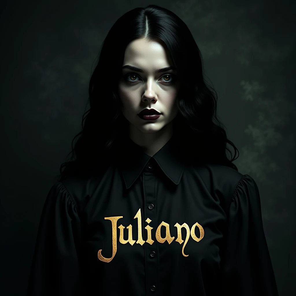 Gothic woman face, shirt with the word JULIANO written in gold