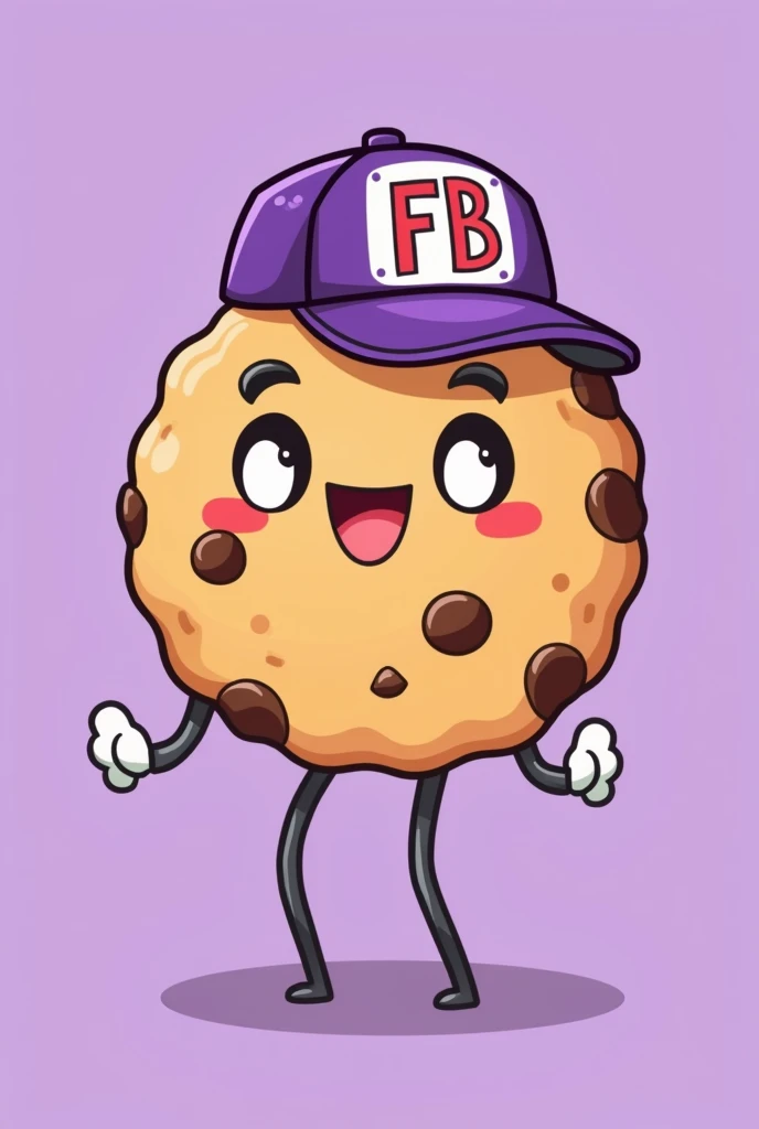 cookie with legs illustration type that is happy, that has chocolate chips and has a purple cap that says FB in capital letters and the background is plain purple 