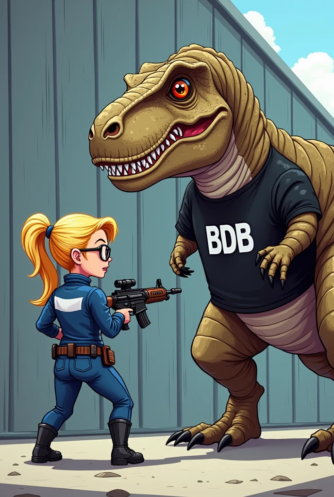 Femme blonde en training bleu et blanc avec des lunettes, qui menace avec un fusil un T-rex vert avec un tshirt, le tshirt est noir avec le logo BDB, mode cartoon, fond decant un grand batiment gris en metal 