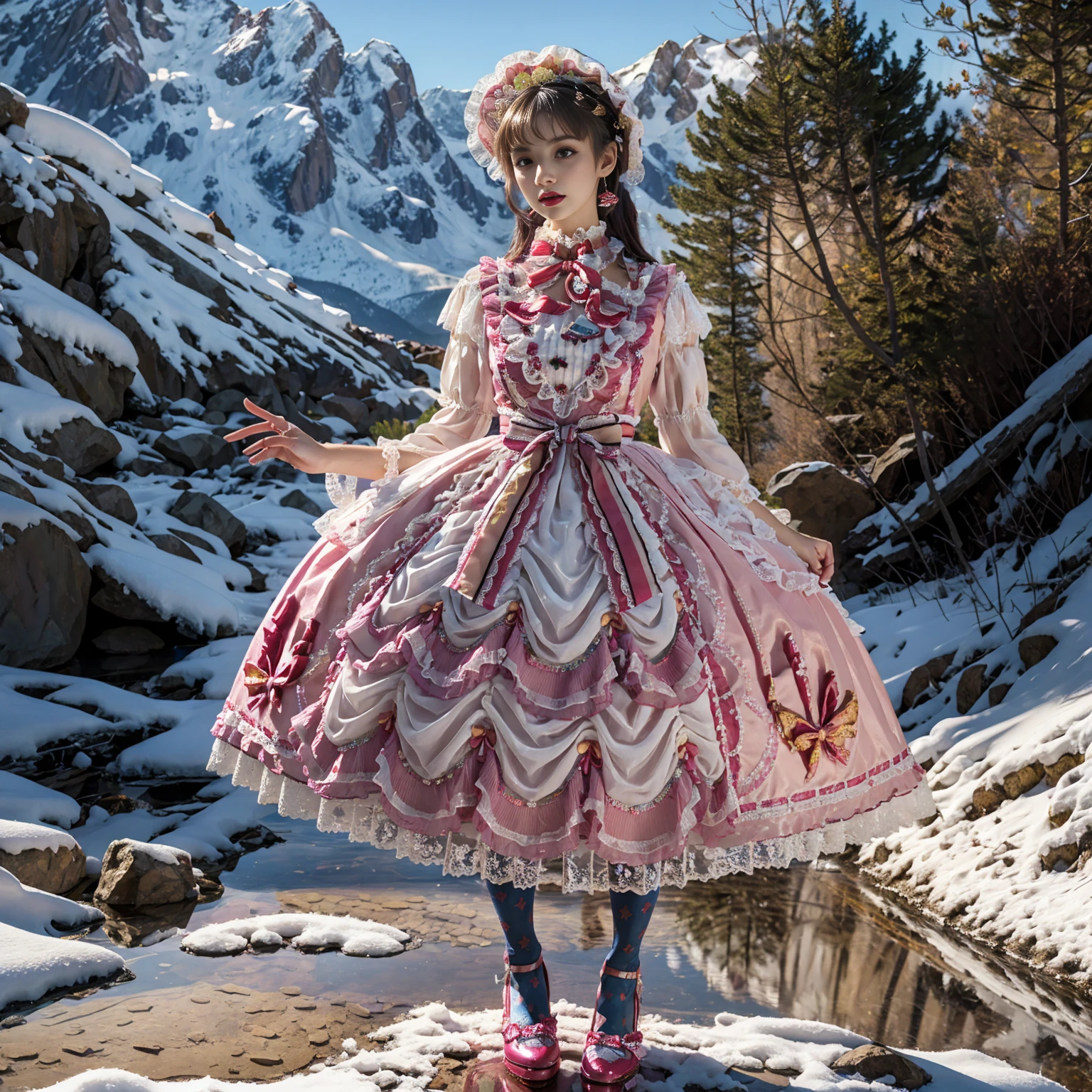 A woman in a luxurious and elaborate lolita dress, wearing lolita mary jane shoes with ornate details, patterned tights, standing on a snowy mountain, with reflective skin and reflective clothing, full body shot,ray tracing, reflection light, chiaroscuro, UHD, masterpiece, anatomically correct, textured skin, super detail, high quality, 4K, highres