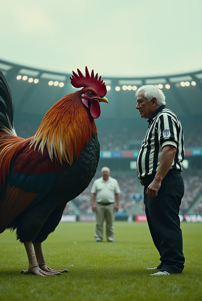 a strong rooster with muscles and an evil-looking avenger with a black and white striped rocker shirt faces an old man who is wearing white clothes with red details without symbols on the stadium lawn.