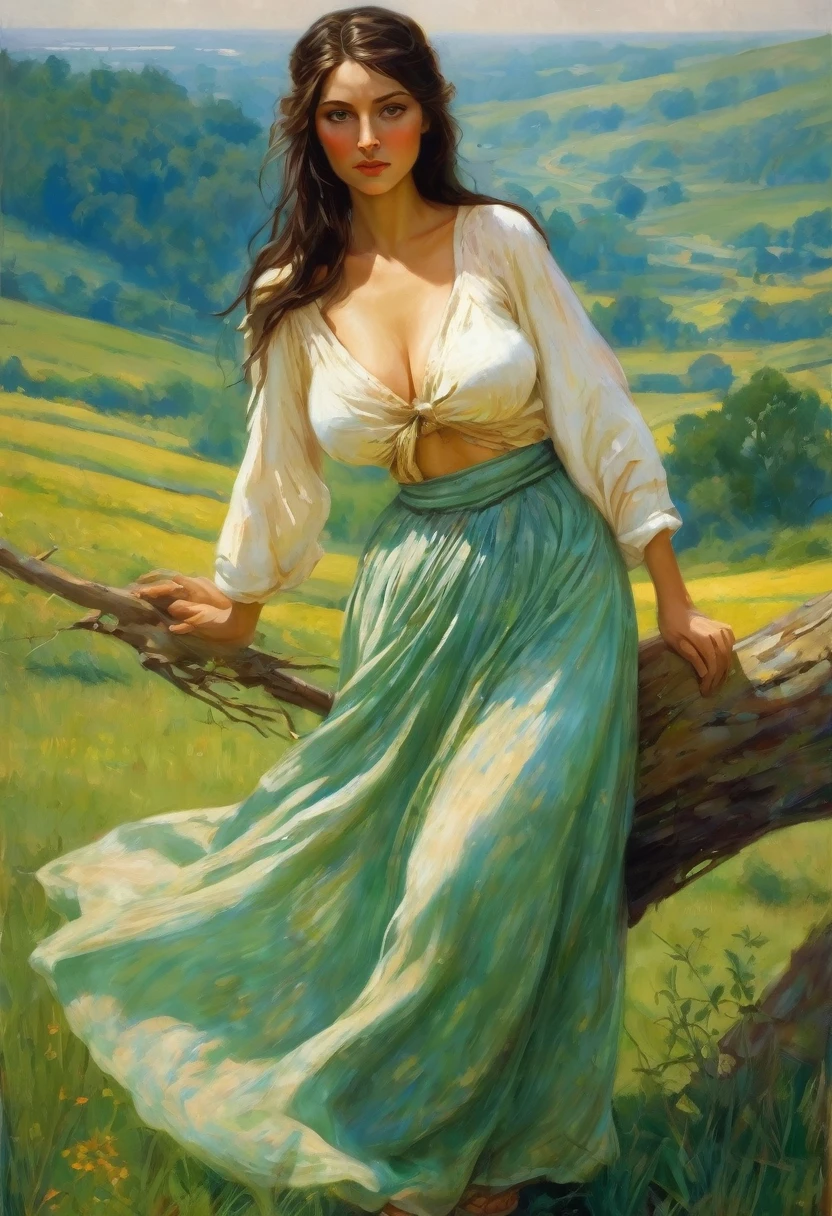 peasant woman.. very big breasts. And naked Bodice. Green eyes brunette. skin very white. blue veins in breasts. Open-legged posture. Long skirt raised. slender figure