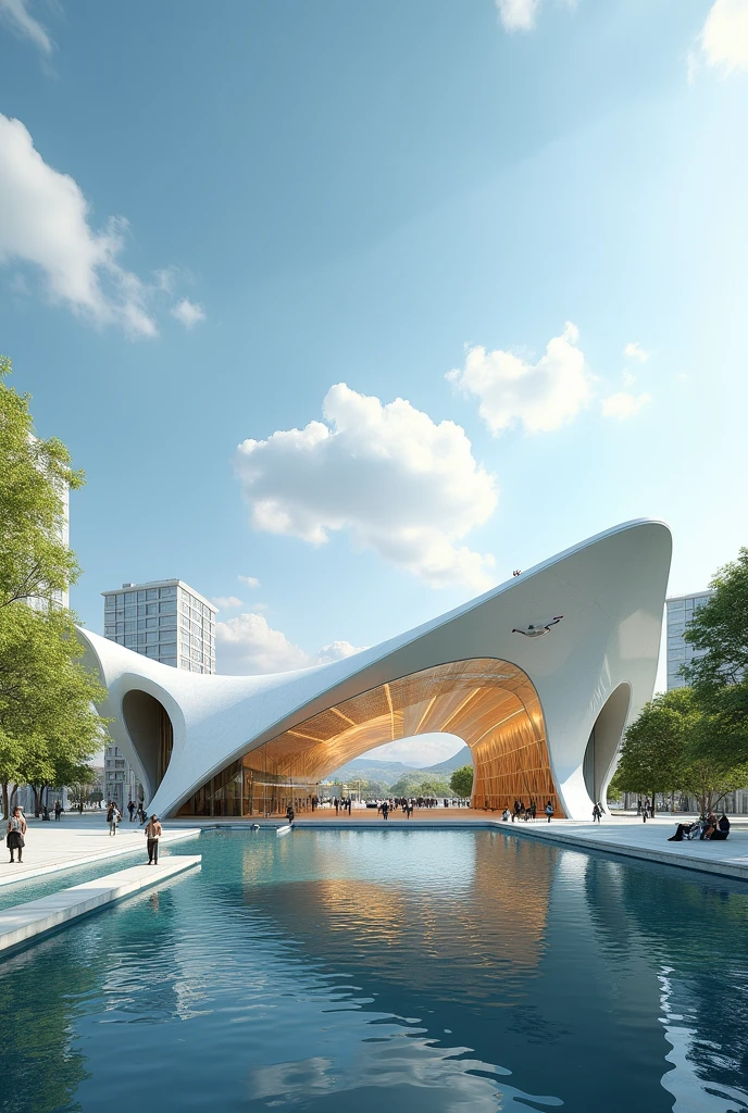 An architectural design of a bus terminal with details of a canoe in its design 