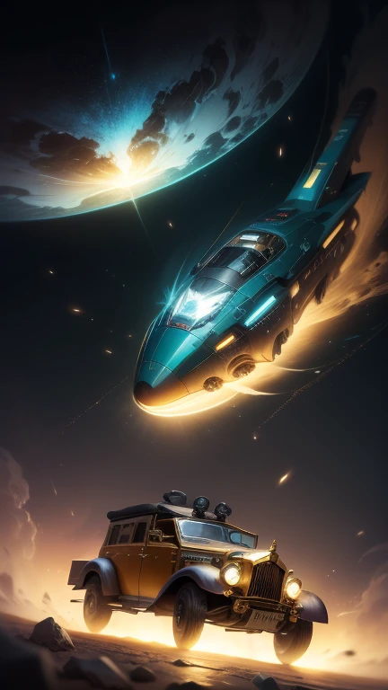 Fantasy，8k,Extremely detailed, masterpiece,High resolution,Highest quality,Increase the resolution,Cinema Lighting,Different space，4 dimensional world，Night on the Galaxy Express，Steam locomotive-type spaceship，steampunk，Large gear light blue body，A spaceship pulling multiple passenger cars，Maneuvering with a fusion reactor，30-car train、Run through the space zone，Numerous stars，Many Galaxies，Milky Way，Cruising at the speed of light，Seeing the Earth in the distance，Super Express，Going to Andromeda，Wide angle of view，Vision，Floating in the air，In the dazzling light，Extremely colorful，The whole carriage is visible，S-shaped，Rail of light，999，colorful cloud nebula，The whole universe shines gold