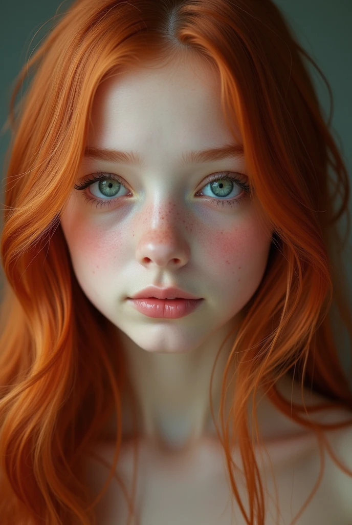 Girl, bambi eyes girl, green eyes, inocent face, cute face, long hair, beautiful, realistic girl, symmetrical face, photorealistic, red-haired girl, cute girl, 16 years, kawaii rusian, realistic 