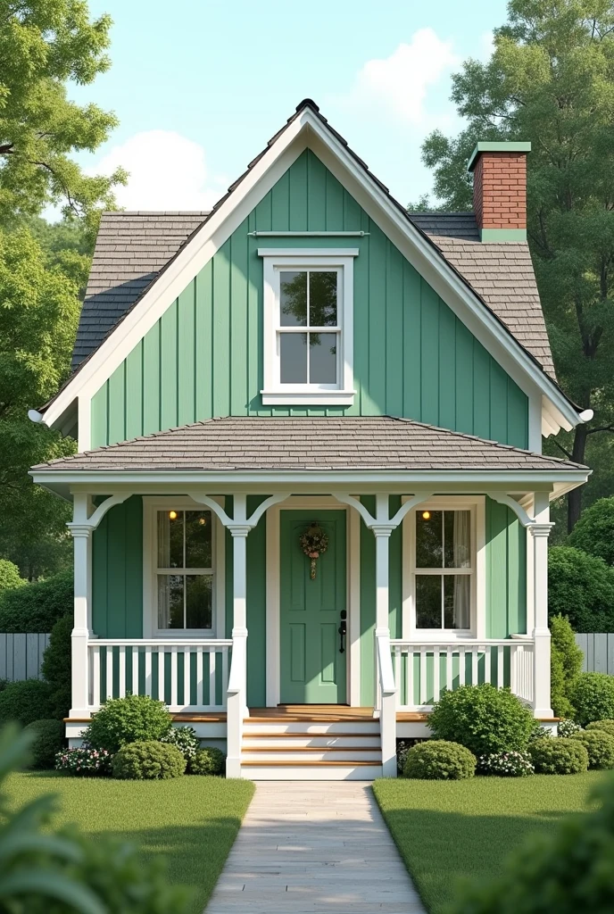 light green wooden house with white
