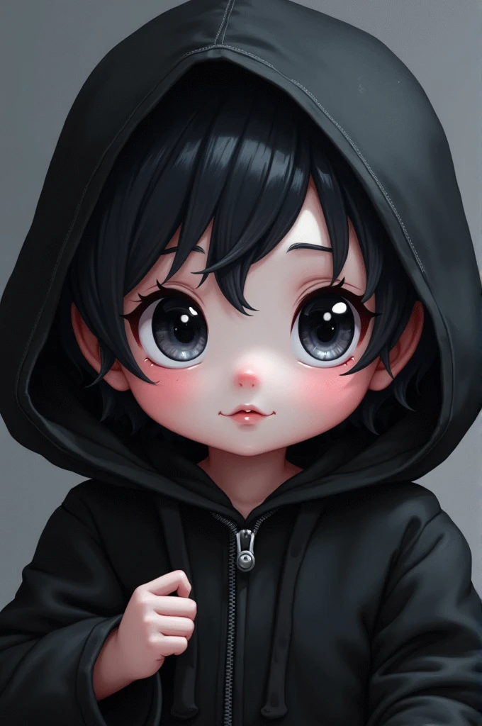 I want an Imagine of a baby with adorable pale skinned features like little vampires in anime style can include big expressive and sparkling eyes and fluffy black hair in 2D