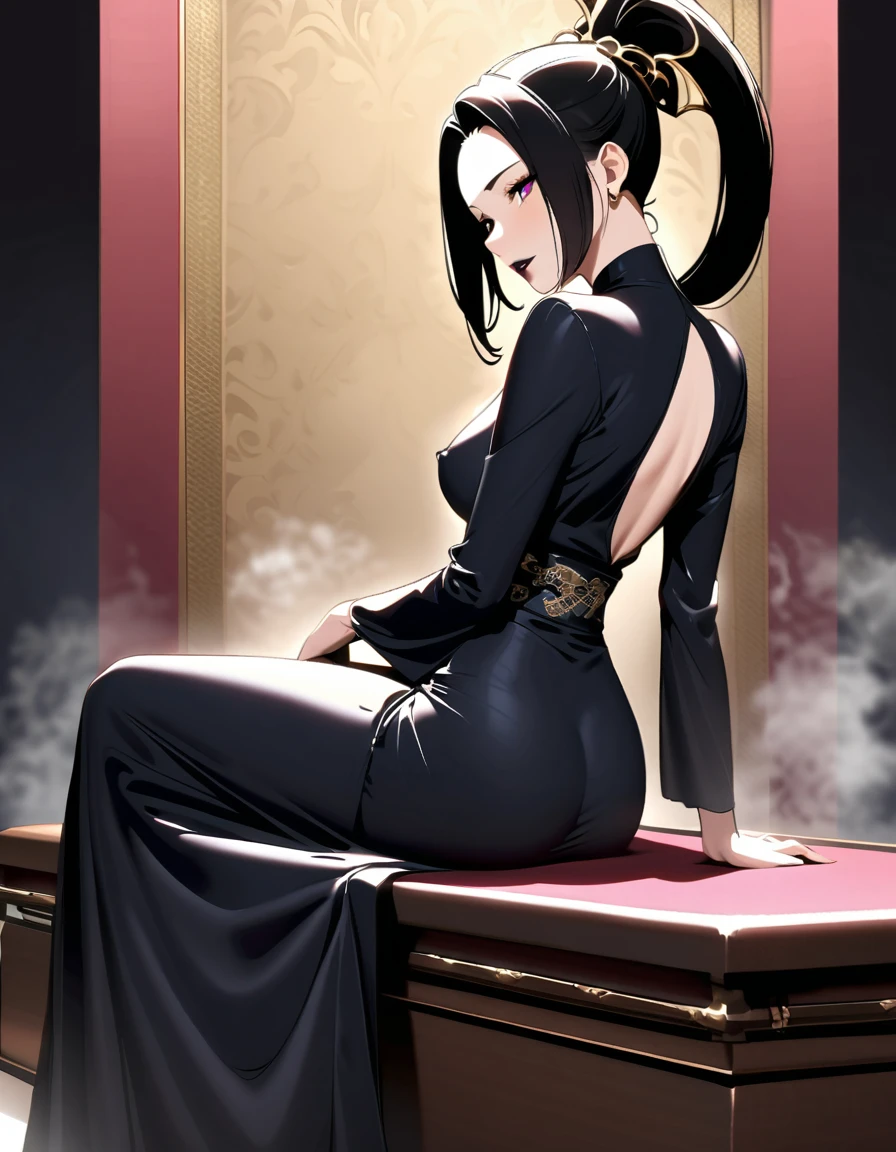 (A bewitching 35-year-old Japanese widow, clad in a stunning black mourning kimono, stands solo beneath the eaves of a funeral parlor on a moonlit night. Her Chestnut French Roll Hair cascades down her back like a waterfall of darkness, while her dark red lips seem to whisper secrets to the shadows. Her hands rest delicately over her crotch, exuding an aura of mysterious allure as she surveys the somber surroundings with an air of seductive quietness., The white smoke from the incense sticks drifts thinly like mist., A background effect that represents swirling anxiety), (nsfw, masterpiece, incredibly absurd resolution, absolutely resolution, ultra high resolution, Mature Female, MILF, professional, vivid colors, perfect anatomy, ideal facial features, ideally proportioned figure, perfectly beautiful body, super detailed skin, glossy skin, glistening skin, Glamor, soft and curvy, body conscious, collarbone, cleavage, saggy huge breasts, nipples, crotch, pussy, love juice, evil seductive smile),pov, from behind