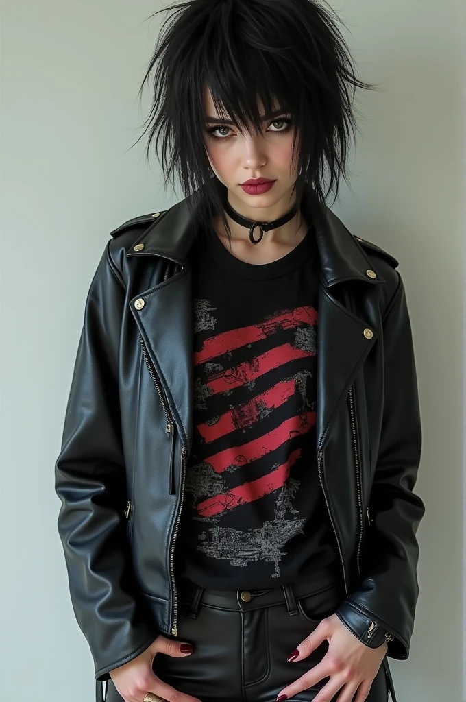 A thin girl, dark hair cut in a rough shag. Polished burgundy nails against white, slender, tapered fingers. Wearing black leather, open over a T-shirt slashed diagonally with stripes of red and black; leather jeans the colour of dried blood.