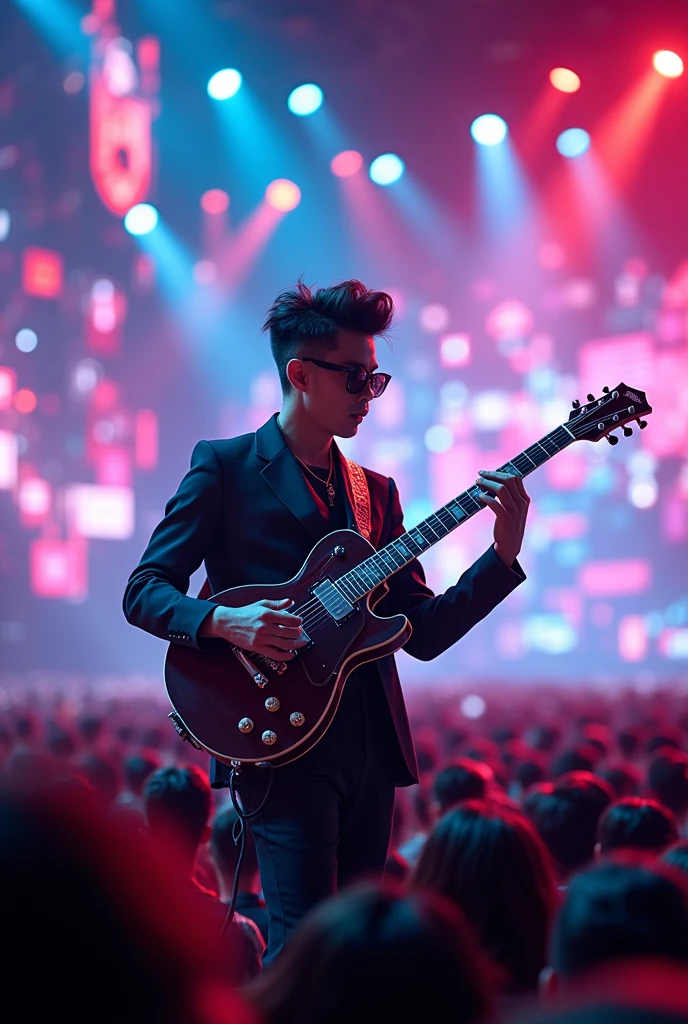 a charismatic korean jazz prs semi hollow
guitarist with sunglasses two block hair performing on a big stage, thousands of fans, neon lights, digital art