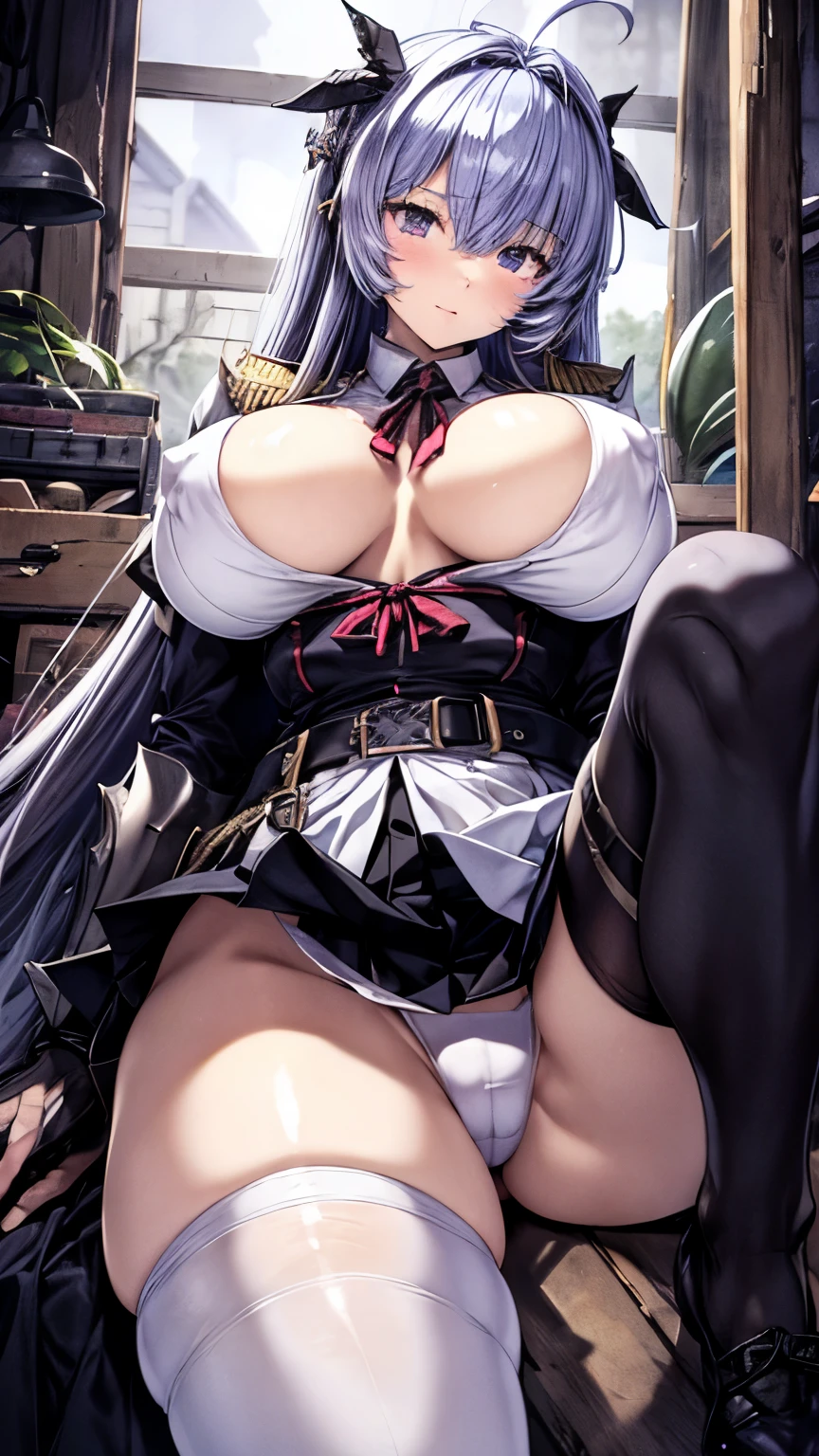 (masterpiece, Highest quality, High resolution),1girl,solo、large breasts,official、female knight、(((White Disciplinary Committee Chairperson、Noein)))、Ahoge、Long Hair、Wearing white military uniform、Standing with a thin long sword、Adult women、Epaulettes、Purple Skirt、Blue Eye、RAW Color,Clear images、dark color、tall、((Black Stockings:1.1))、Purple leg armor、Narrow eyes、Fighting monsters、(battlefield、Dark Dungeon、Dark Prison)