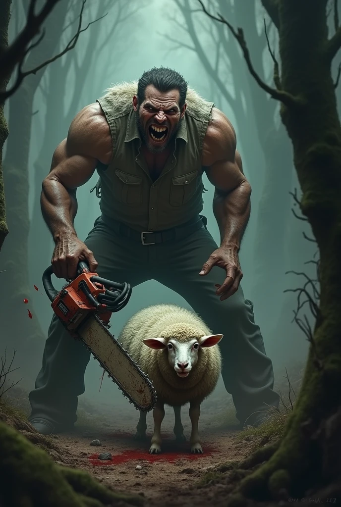 Create a man with a chainsaw killing a sheep