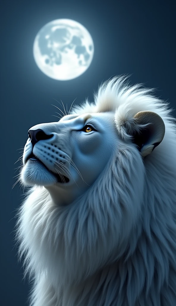 Generate an ultra realistic 8k image of a beautiful strong robust white lion&#39;s face looking at the sky in the moonlight