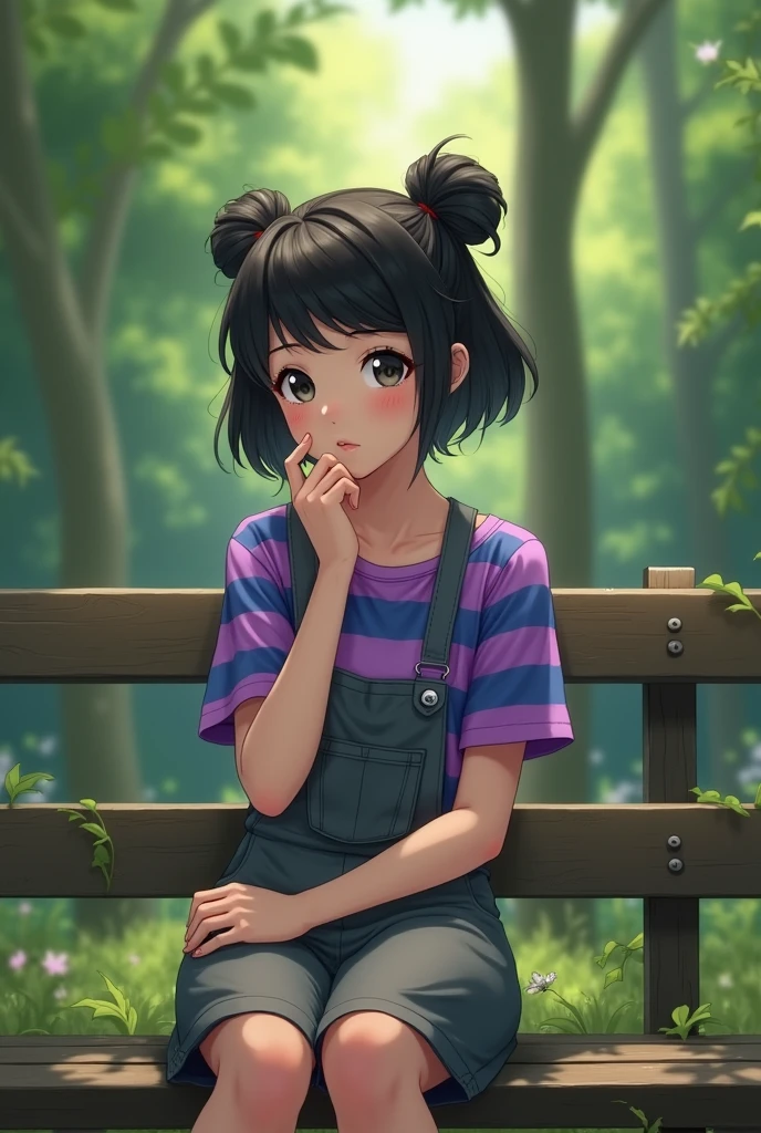 A , sitting on a park bench, she has gray overalls and a purple-and-blue striped shirt, her black hair is tied up in two pigtails