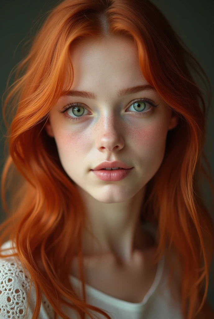 Girl, bambi eyes girl, green eyes, inocent face, cute face, long hair, beautiful, realistic girl, symmetrical face, photorealistic, red-haired girl, cute girl, 16 years, kawaii rusian, realistic 