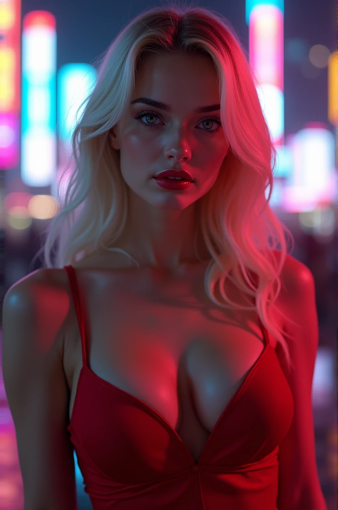 beautiful blonde girl with Nordic features, blue eyes, upturned nose, red lipstick, dressed very sexy in a red dress with a long neckline, big boobs, with neon lights on the night city background