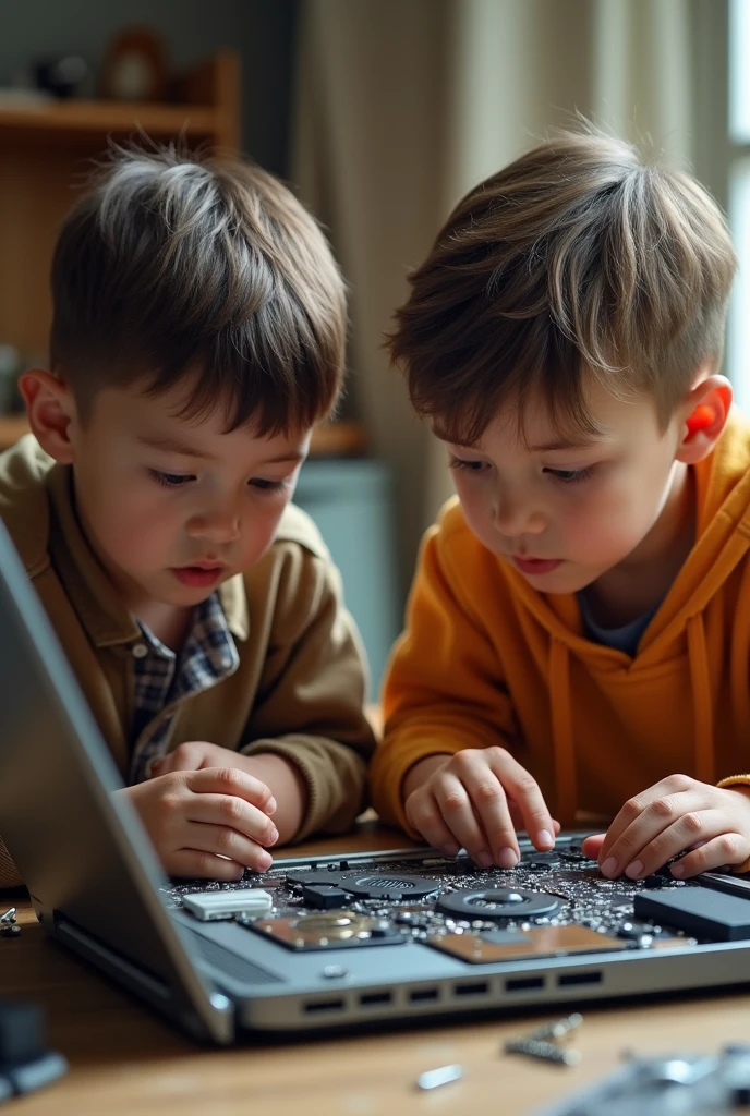 A horizontal image of two boys disassembling a laptop
