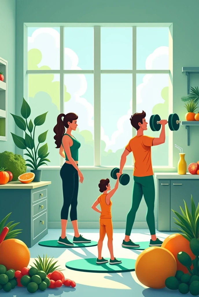 Generates a representative image of the concept of fitness and health. Includes items such as exercise equipment (dumbbells, yoga mats, resistance bands), healthy food (fresh fruit, vegetables, shakes), and a sporty atmosphere. The style should be modern and clean, using colors that transmit energy and vitality, like greens and blues. The composition should show the elements in action, such as exercise equipment in use or healthy foods in preparation, and should convey a feeling of well-being and vitality.