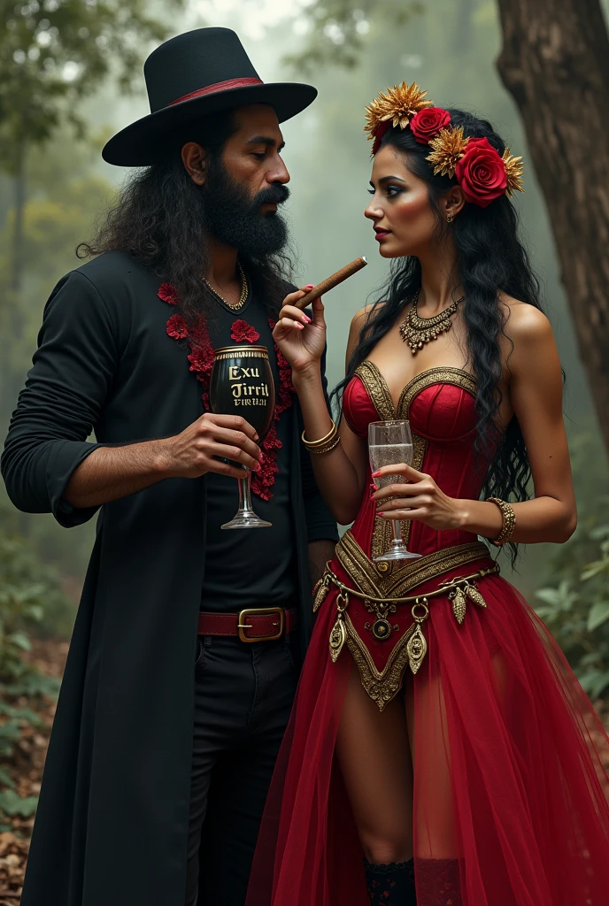 Exu Tiriri and Gypsy Pomba Gira. Quimbanda entities of Rio Grande do Sul. 
Exu Tiriri with black pants, black long sleeve t-shirt with red details, with a black hat. In his left hand a black glass with red wine, written Exú Tiriri and in his right hand a cigar.
Pomba Gira Cigana with a red skirt with gold details, with a red corset with gold details, with a headscarf with golden flowers.  In his left hand a glass of champagne and in his right hand a long white cigarette..
